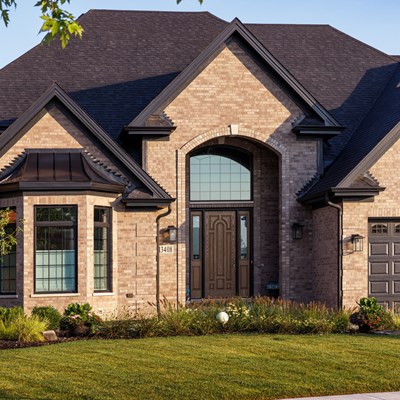 tan custom brick home with black accents