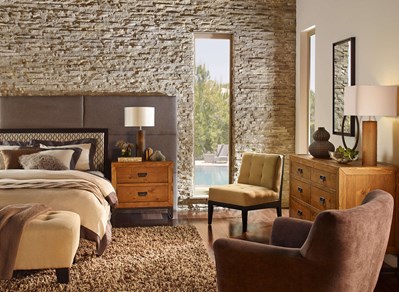 Eldorado Stone European Ledge Cottonwood gray to white thin stone interior wall in bedroom